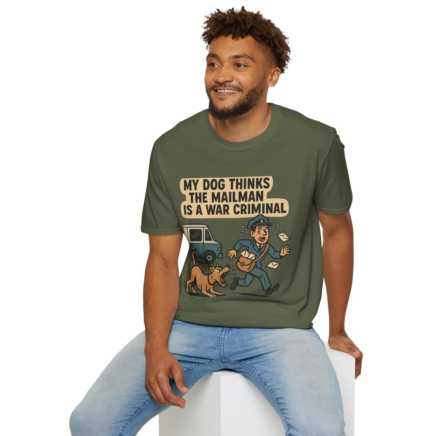My Dog Thinks the Mailman Is a War Criminal – Funny Retro Comic Dog Owner T-Shirt