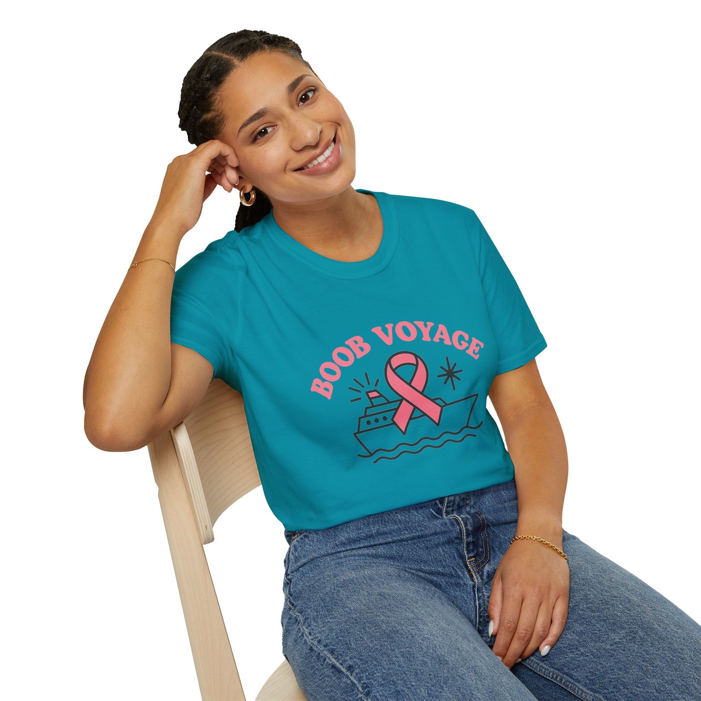 Boob Voyage T-Shirt | Funny Mastectomy Support Tee with Pink Ribbon and Cruise Ship