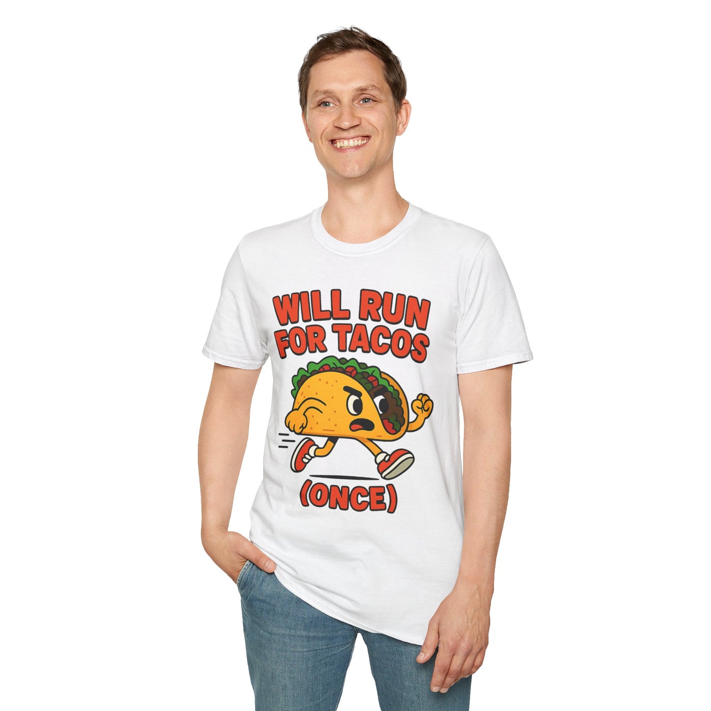 Will Run for Tacos (Once) – Funny Cartoon Taco Running Shoes T-Shirt