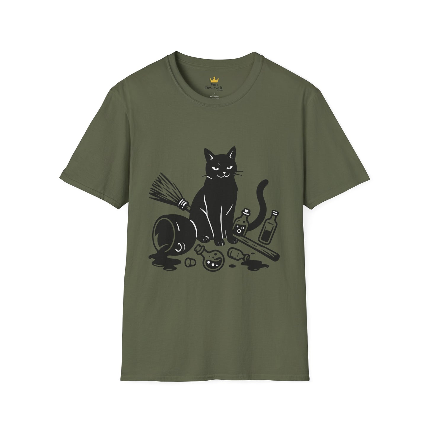 Black Cat Knocking Over Witch’s Essentials – Funny Halloween T-Shirt Design