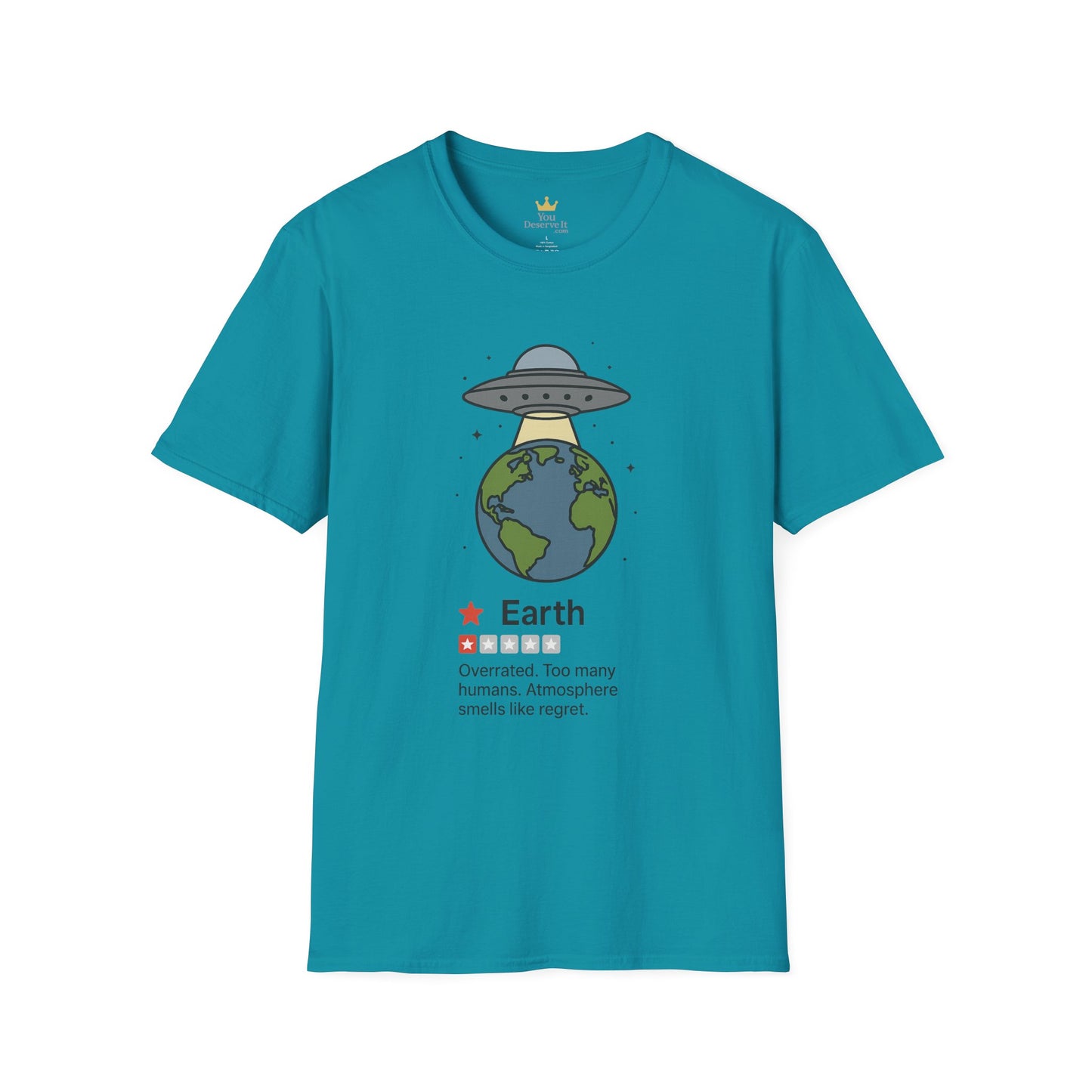 Funny Alien Earth Review T-Shirt | "Earth: 1 Star, Overrated" UFO Graphic Tee