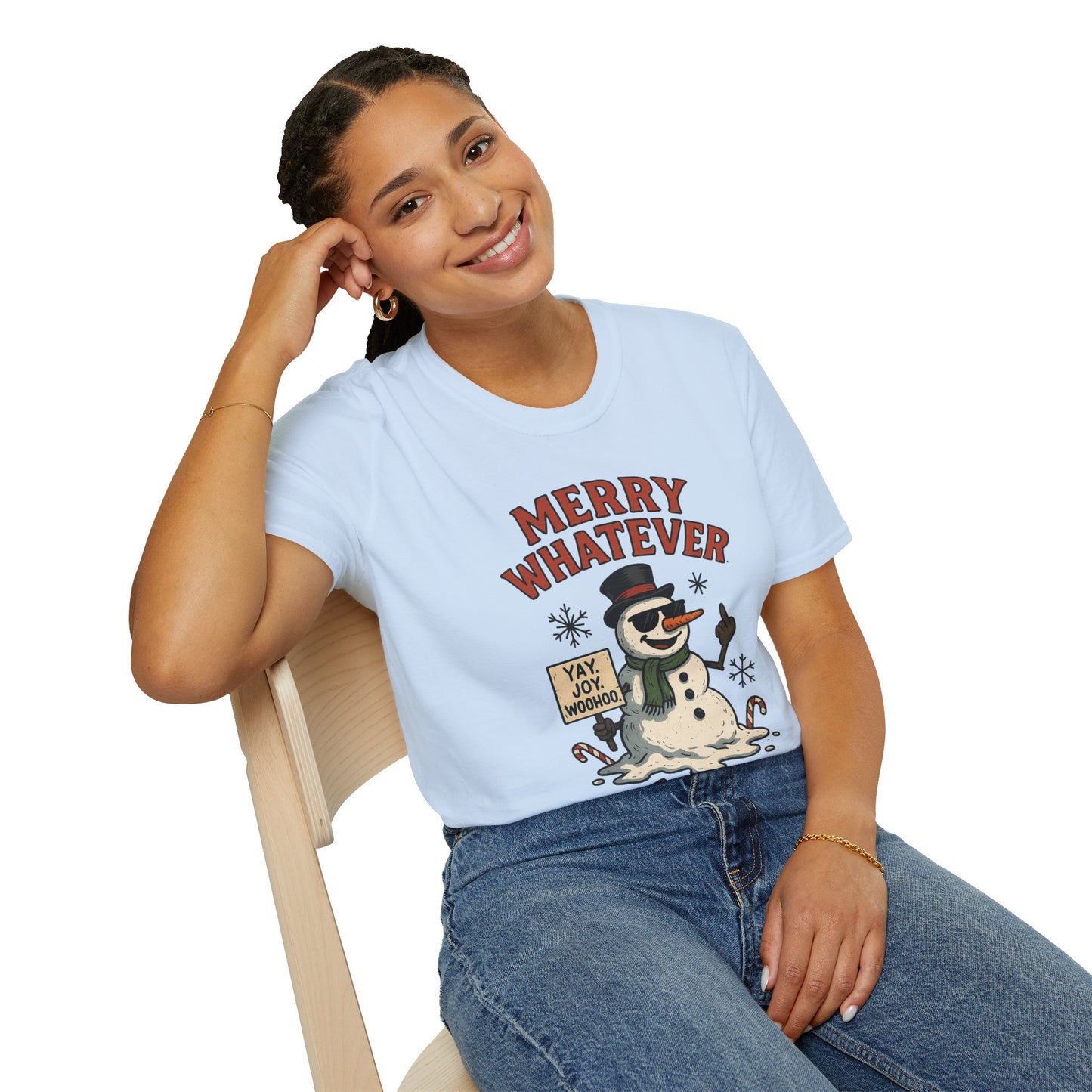 Merry Whatever Funny Snowman Shirt | Sarcastic Holiday Mood Tee | Melting Christmas Anti-Spirit Graphic T-Shirt