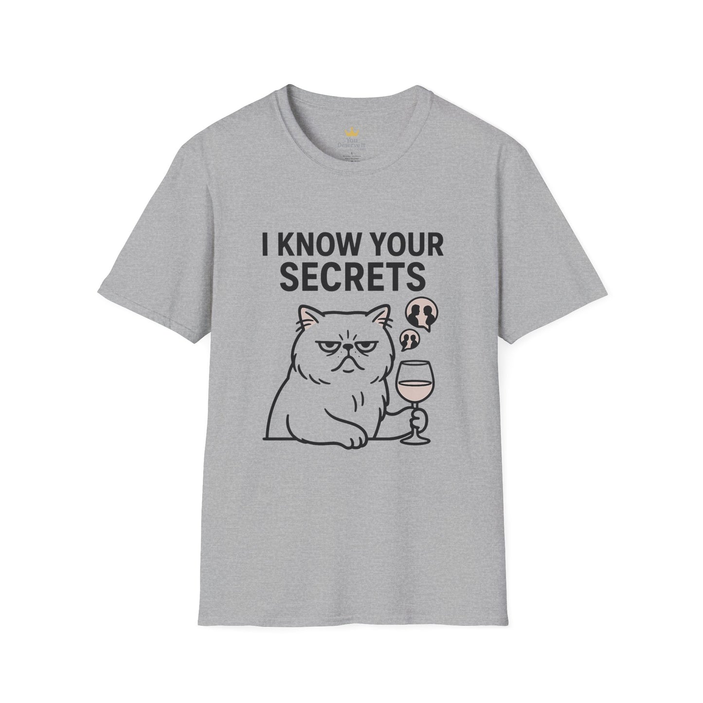 "I Know Your Secrets" Wine Cat T-Shirt, Humor Shirt, Gift for Cat Lovers, Cute Animal Tee, Unique Graphic T-Shirt
