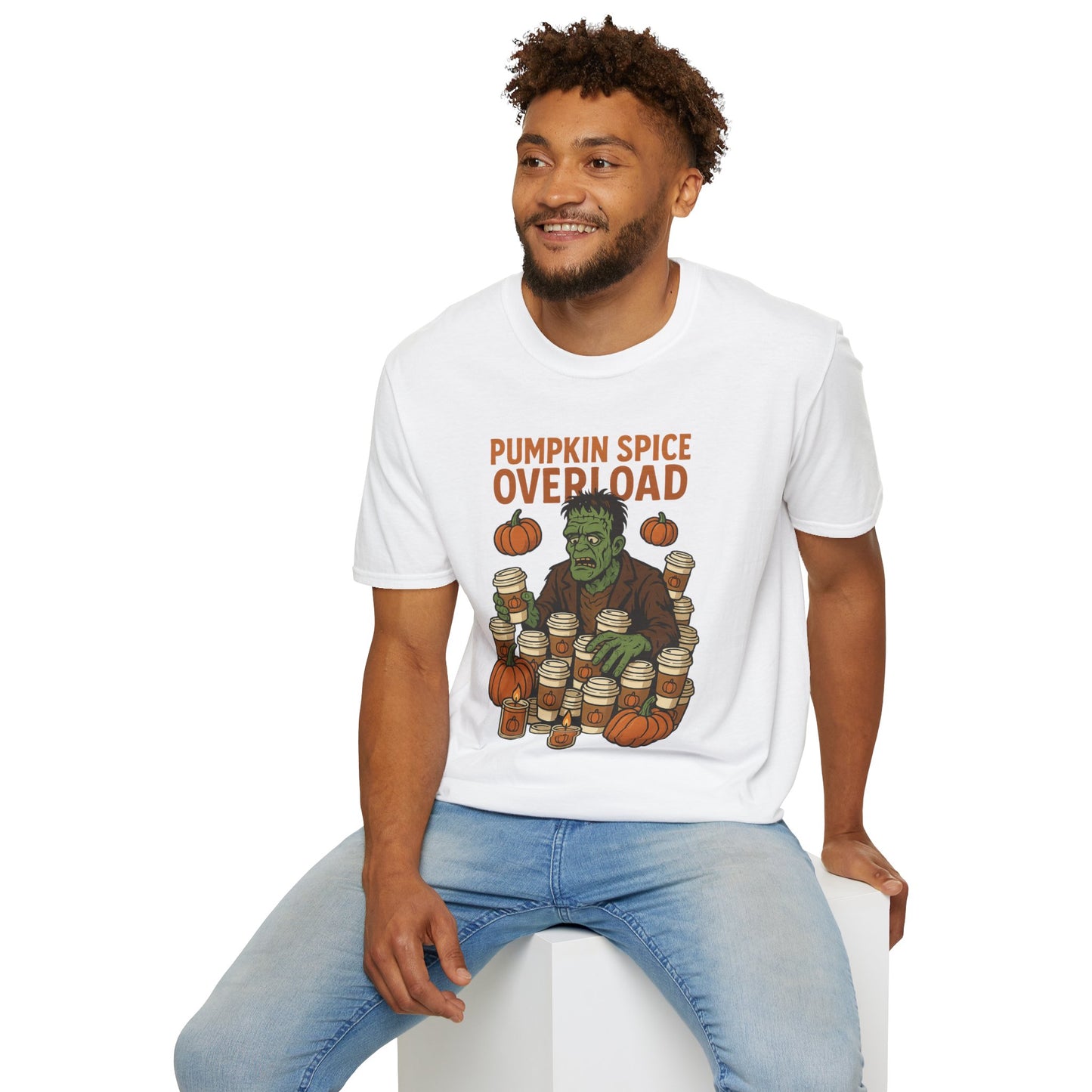 Pumpkin Spice Overload – Funny Frankenstein Halloween Coffee Lover T-Shirt