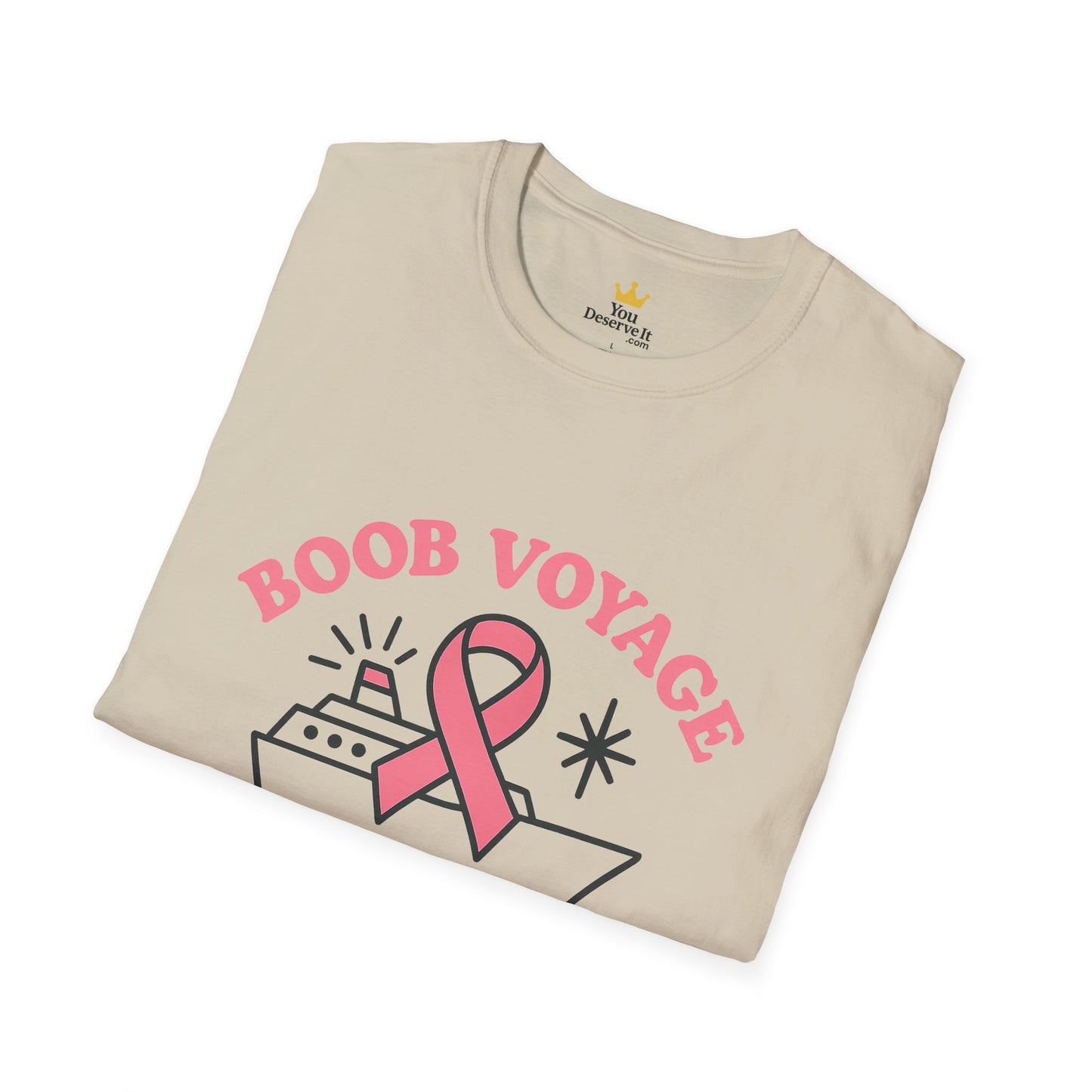 Boob Voyage T-Shirt | Funny Mastectomy Support Tee with Pink Ribbon and Cruise Ship