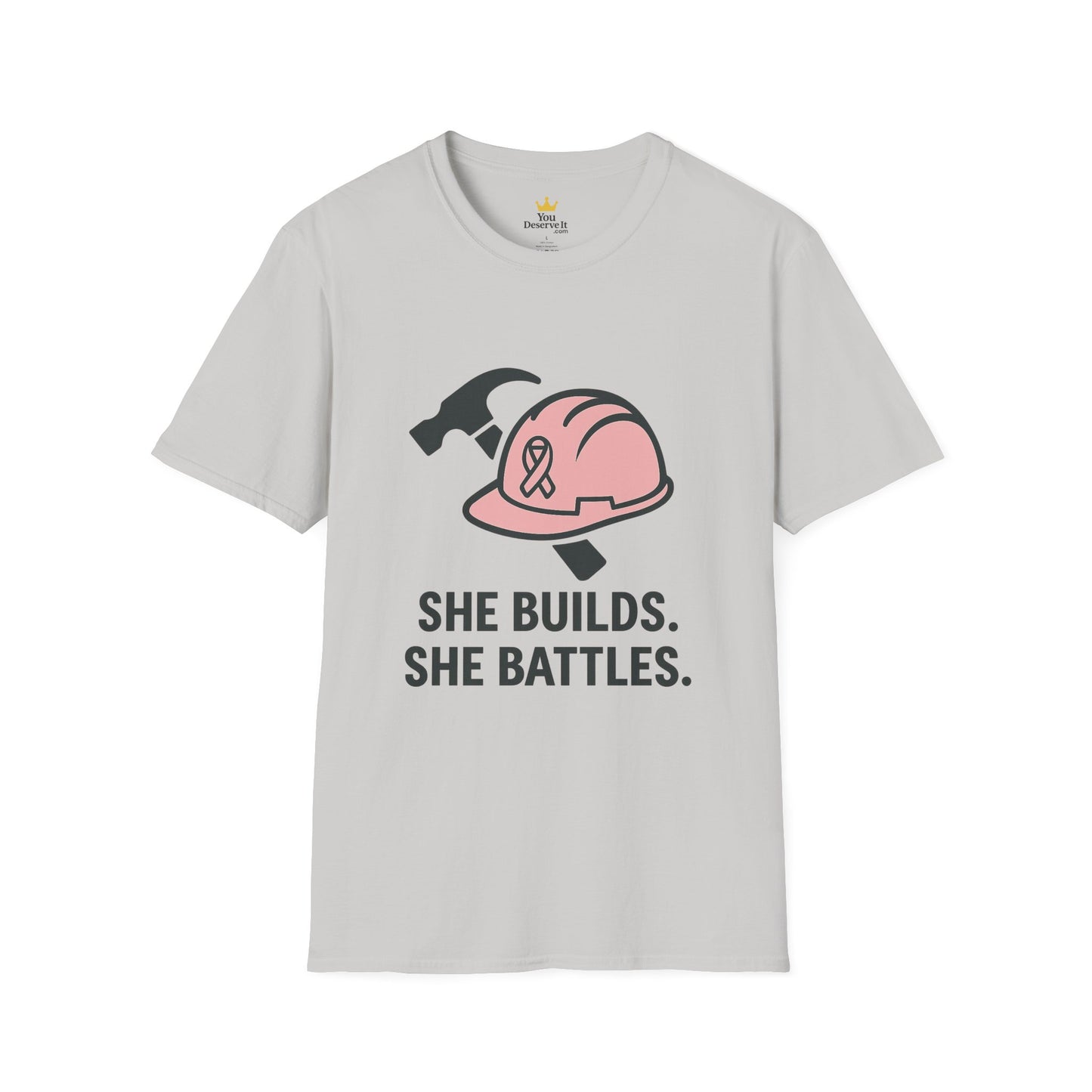 She Builds. She Battles. | Pink Ribbon Hard Hat Tee