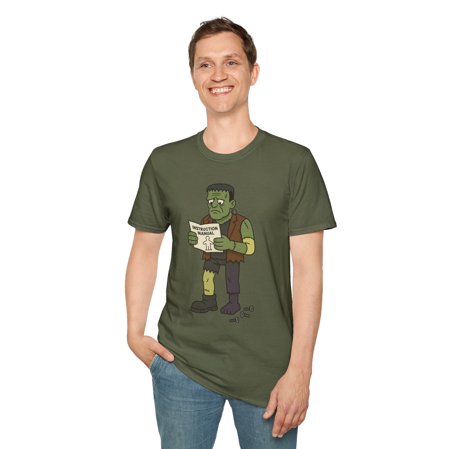 Funny Frankenstein T-Shirt, Unisex Softstyle Tee, Halloween Costume, Horror Movie Lover Gift, Cozy Casual Wear, Graphic Tee