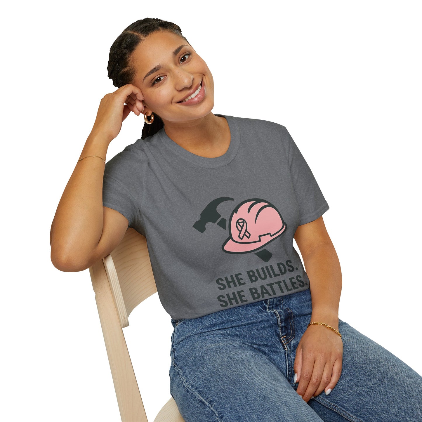 She Builds. She Battles. | Pink Ribbon Hard Hat Tee