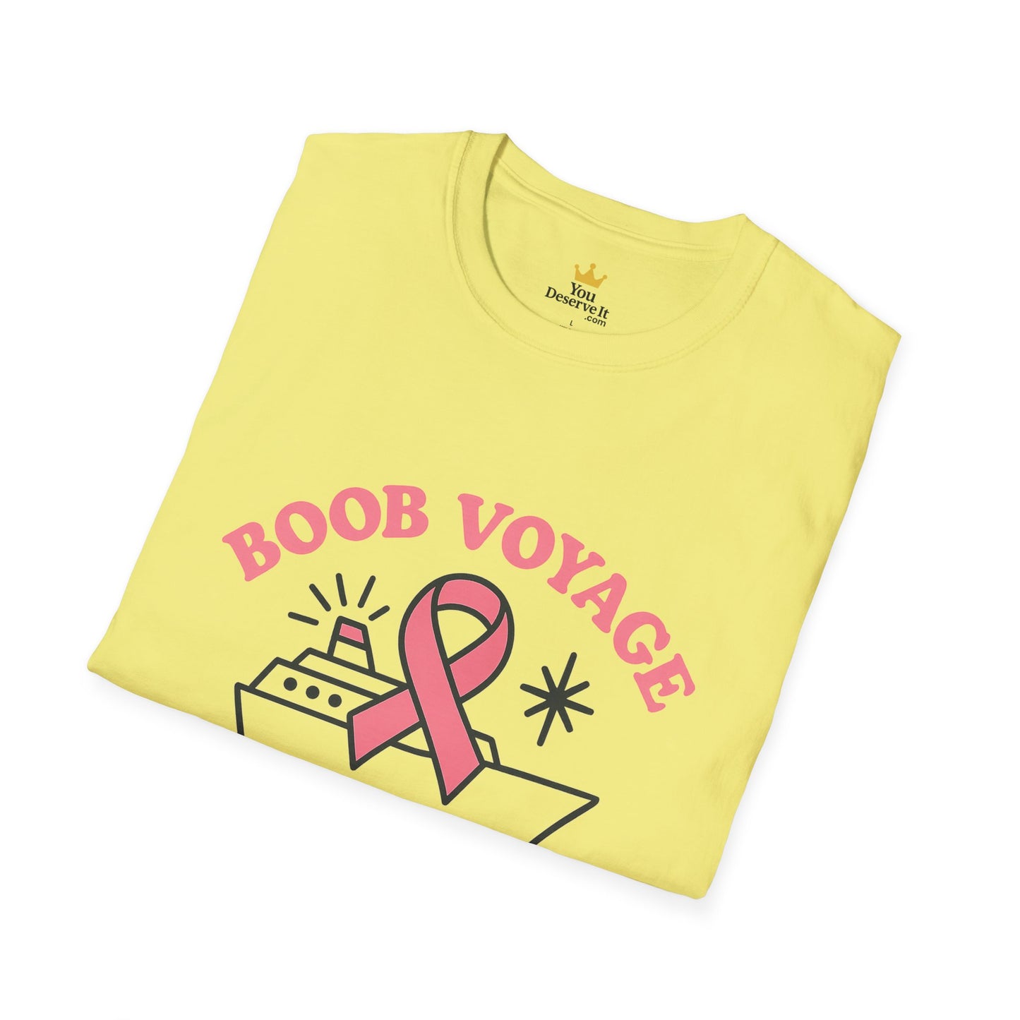 Boob Voyage T-Shirt | Funny Mastectomy Support Tee with Pink Ribbon and Cruise Ship