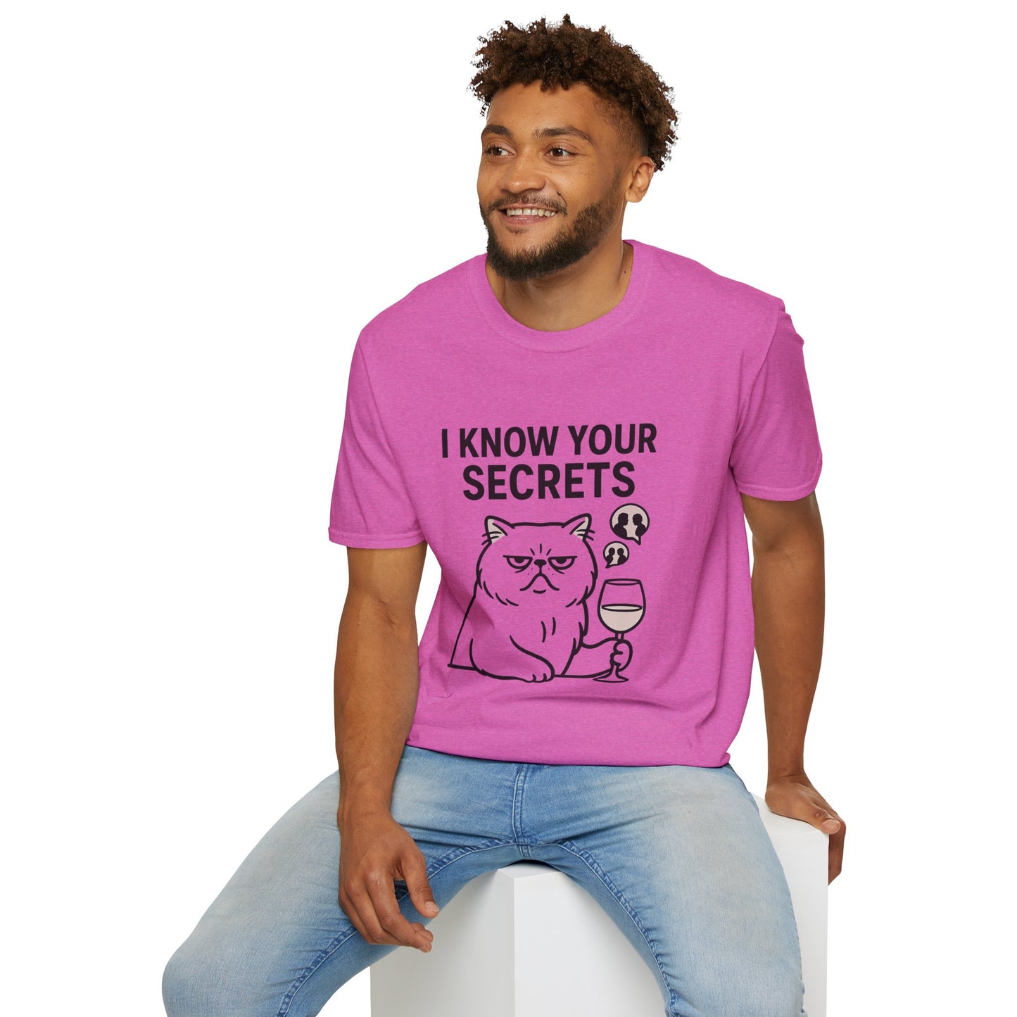 "I Know Your Secrets" Wine Cat T-Shirt, Humor Shirt, Gift for Cat Lovers, Cute Animal Tee, Unique Graphic T-Shirt