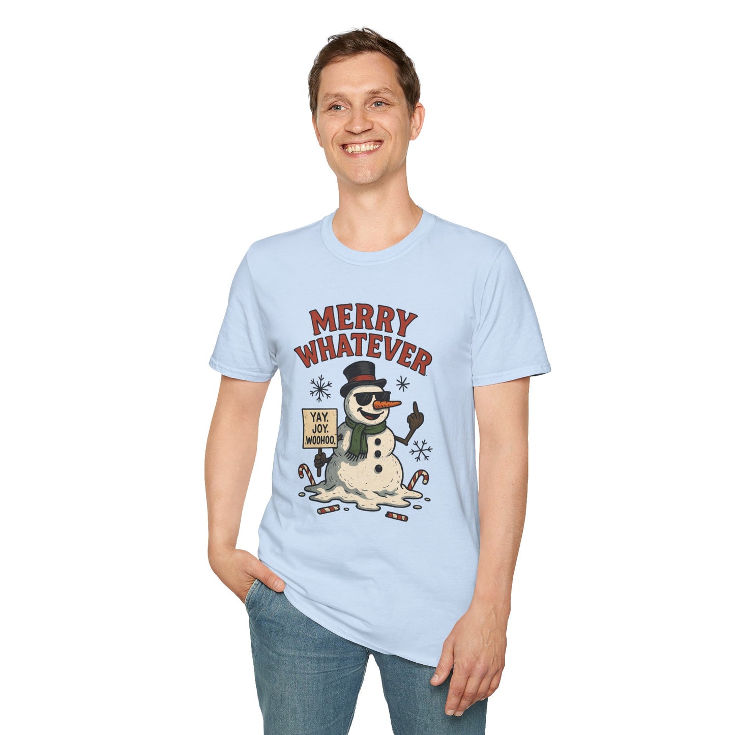 Merry Whatever Funny Snowman Shirt | Sarcastic Holiday Mood Tee | Melting Christmas Anti-Spirit Graphic T-Shirt