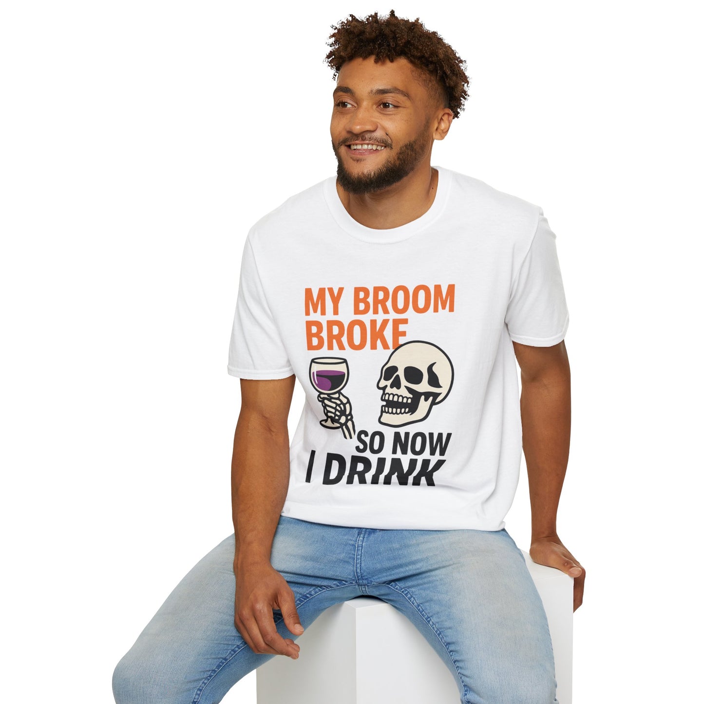Funny Halloween Shirt – “My Broom Broke So Now I Drink” Sarcastic Graphic Tee