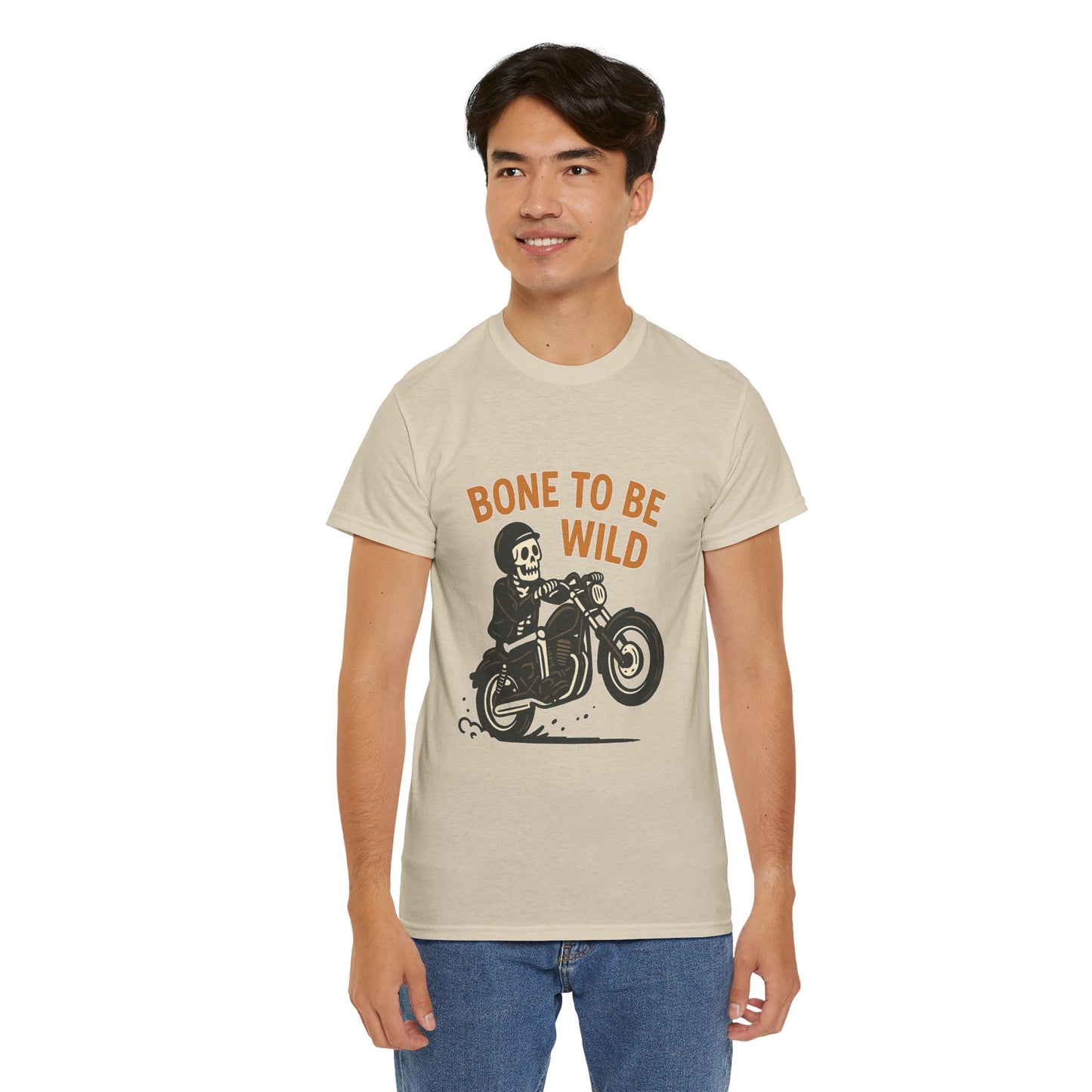 Motorcycle Tee, Bone to Be Wild Halloween Cool Bike Vibe Unisex Heavy Cotton