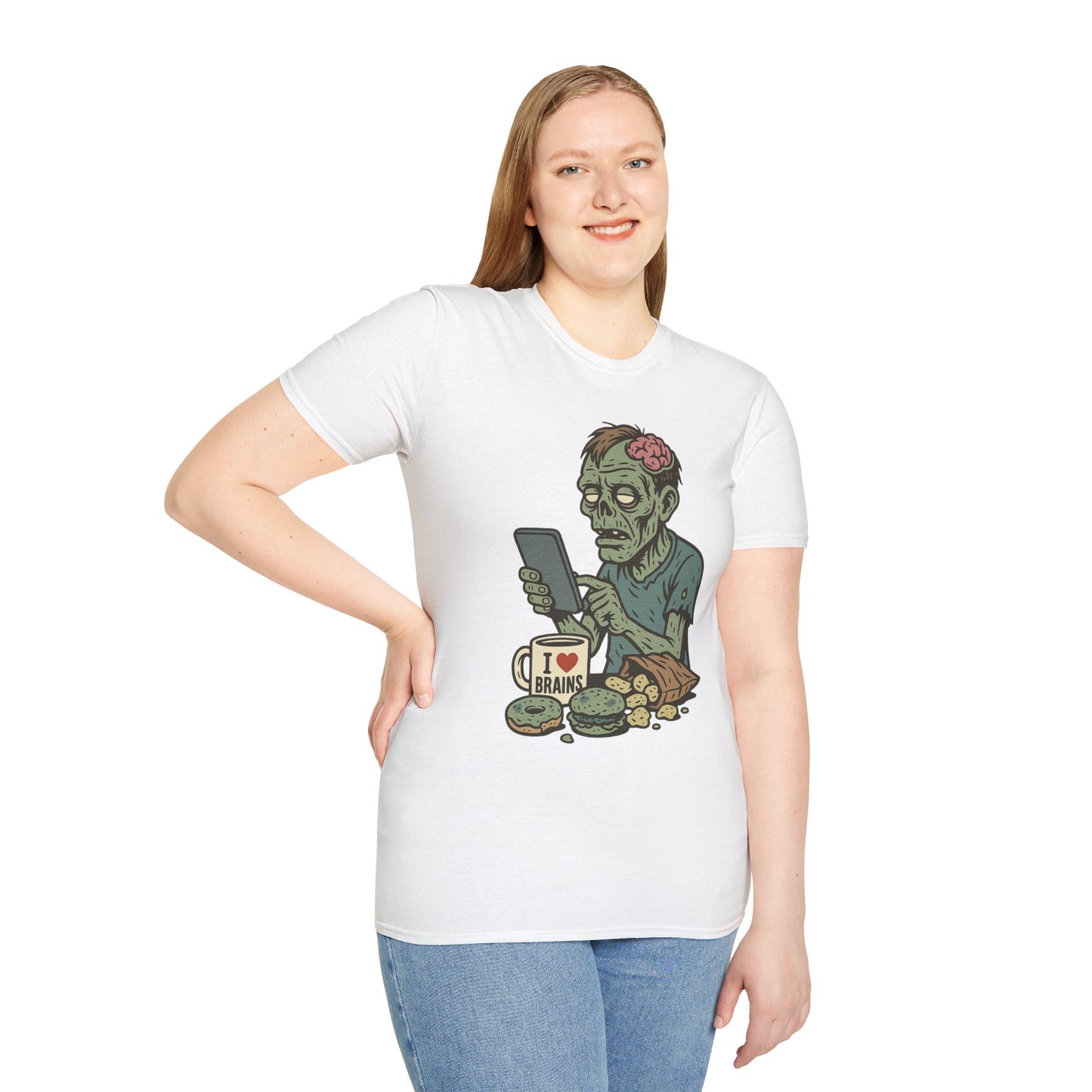 Zombie Social Media Addict – Funny Undead Coffee Mug & Snack Scene T-Shirt