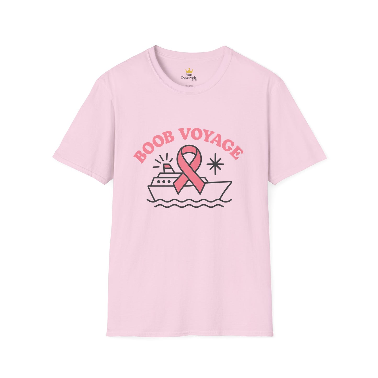 Boob Voyage T-Shirt | Funny Mastectomy Support Tee with Pink Ribbon and Cruise Ship