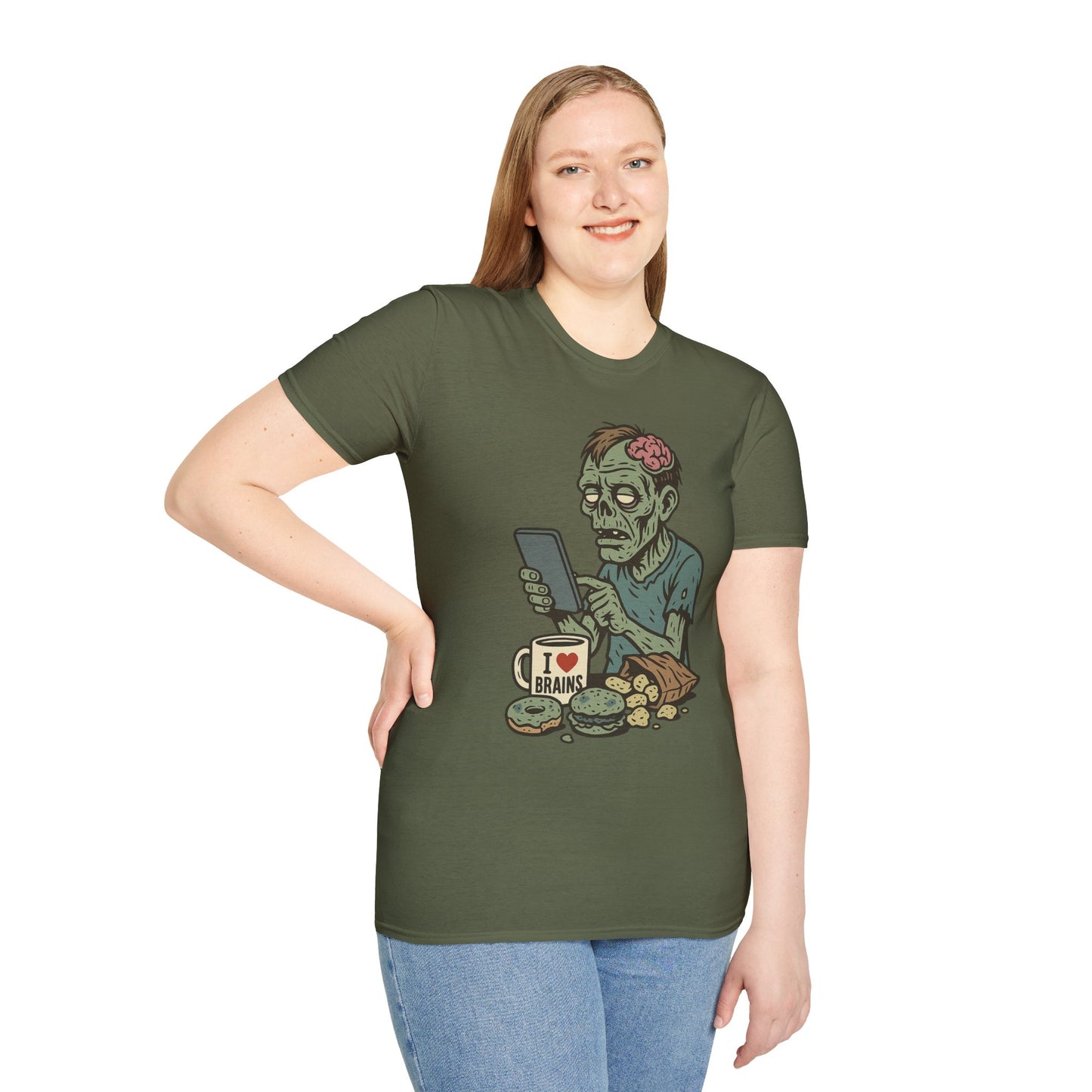 Zombie Social Media Addict – Funny Undead Coffee Mug & Snack Scene T-Shirt