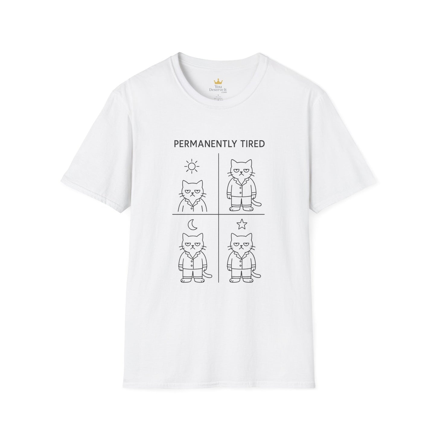 Permanently Tired Grumpy Cat T-Shirt | Minimalist Line Art Pajama Kitty | Unisex Softstyle T-Shirt