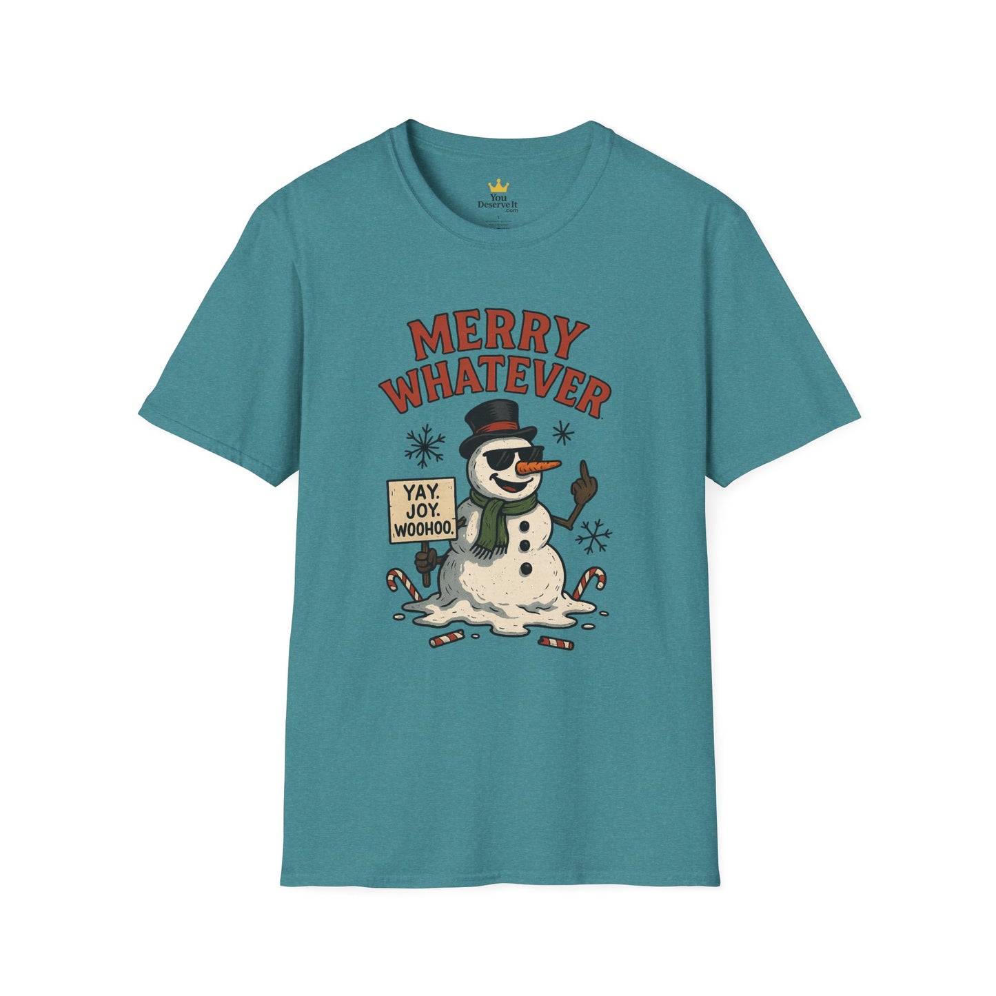 Merry Whatever Funny Snowman Shirt | Sarcastic Holiday Mood Tee | Melting Christmas Anti-Spirit Graphic T-Shirt