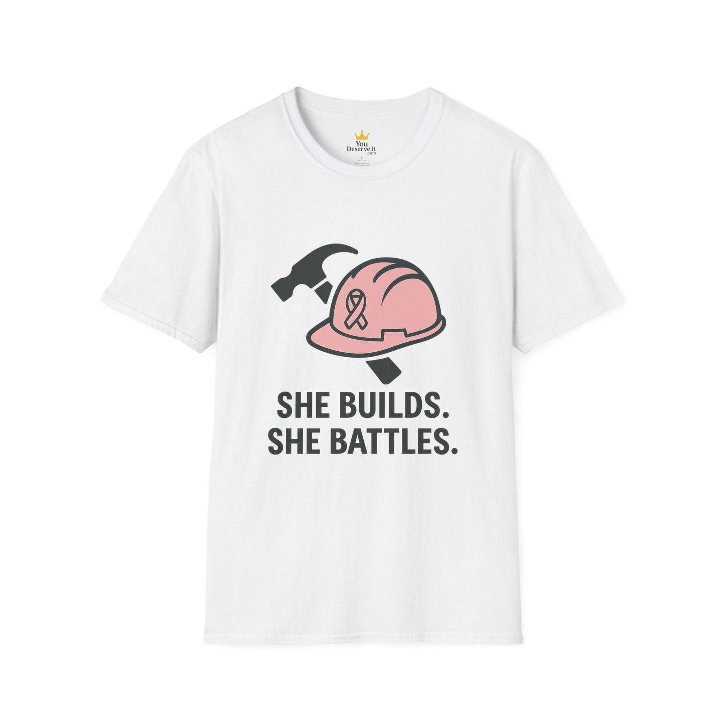 She Builds. She Battles. | Pink Ribbon Hard Hat Tee