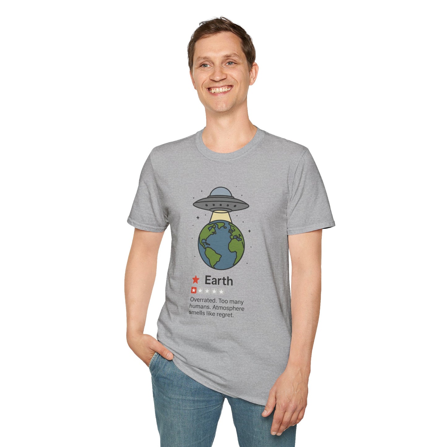 Funny Alien Earth Review T-Shirt | "Earth: 1 Star, Overrated" UFO Graphic Tee