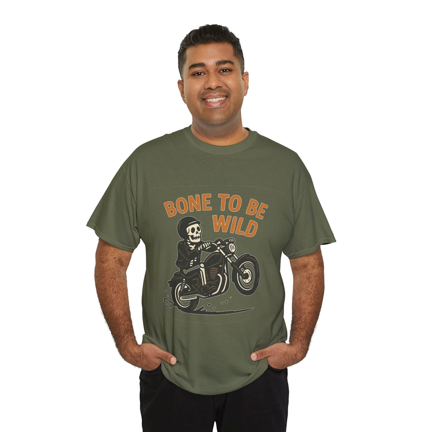 Motorcycle Tee, Bone to Be Wild Halloween Cool Bike Vibe Unisex Heavy Cotton