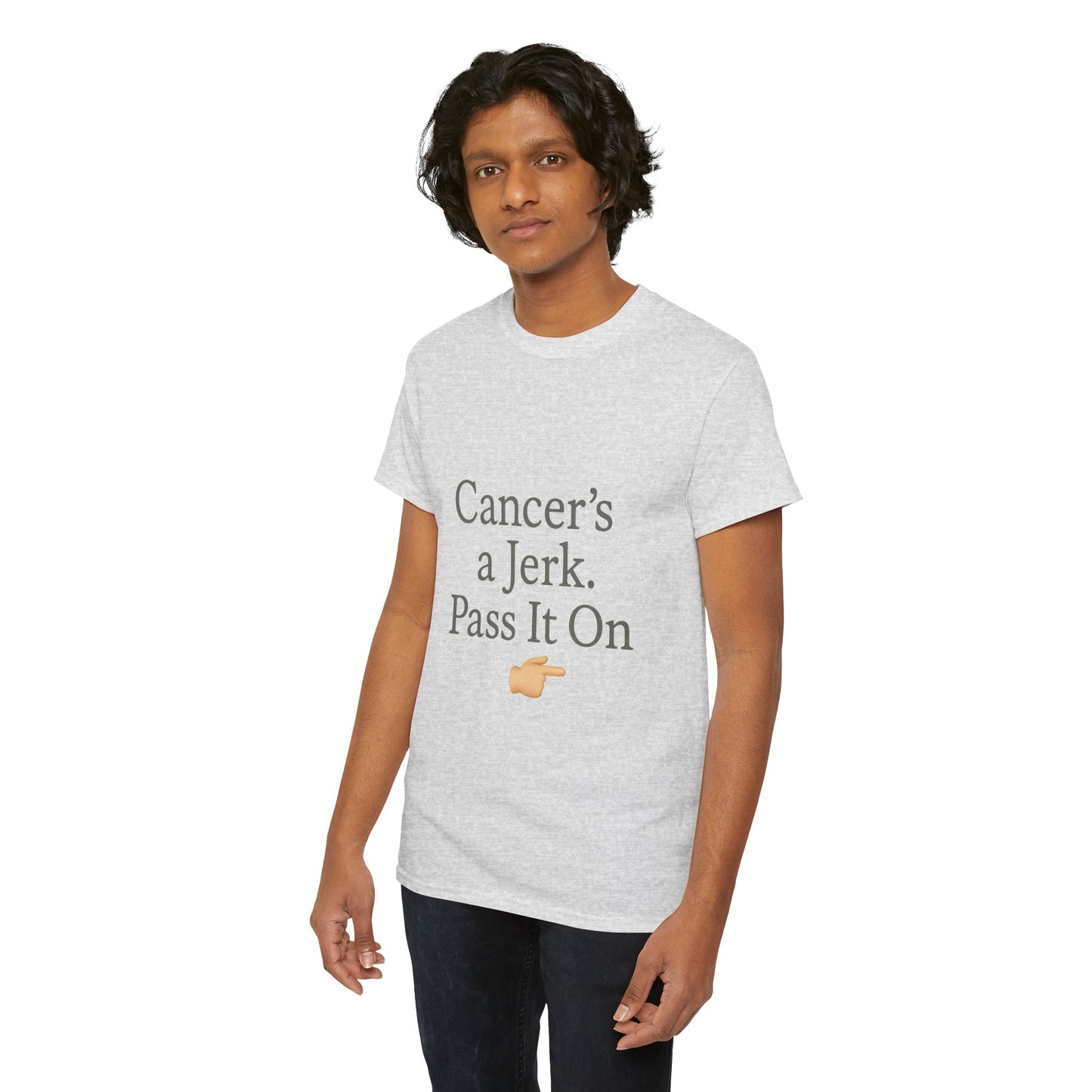 Cancer's a Jerk Shirt | Funny Supportive Awareness T-Shirt with Pointing Emoji