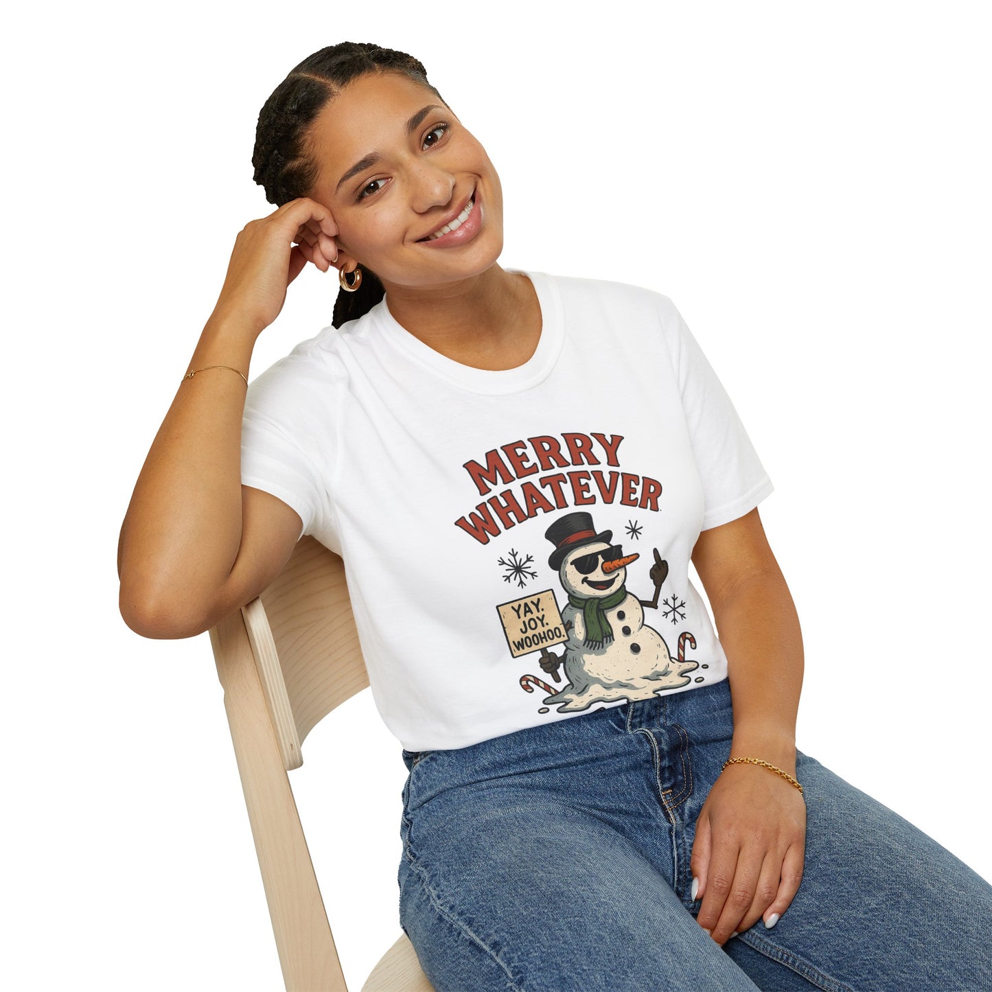 Merry Whatever Funny Snowman Shirt | Sarcastic Holiday Mood Tee | Melting Christmas Anti-Spirit Graphic T-Shirt
