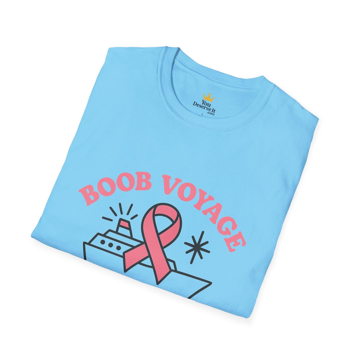 Boob Voyage T-Shirt | Funny Mastectomy Support Tee with Pink Ribbon and Cruise Ship