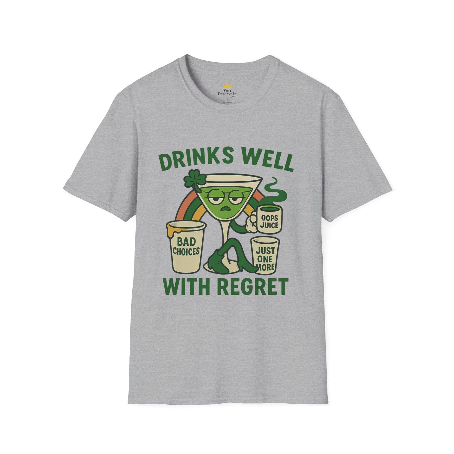 Drinks Well With Regret | Funny St. Patrick's Day Tee | Sarcastic Drinking Shirt, Bad Decisions Graphic T-Shirt for Party Lovers
