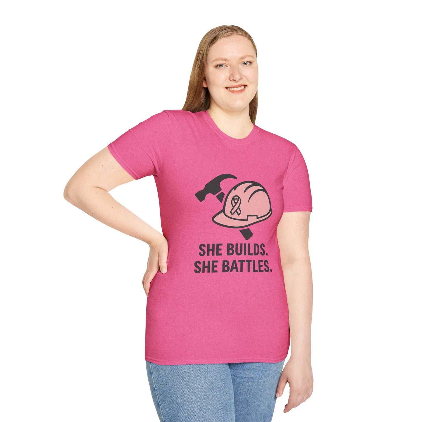She Builds. She Battles. | Pink Ribbon Hard Hat Tee