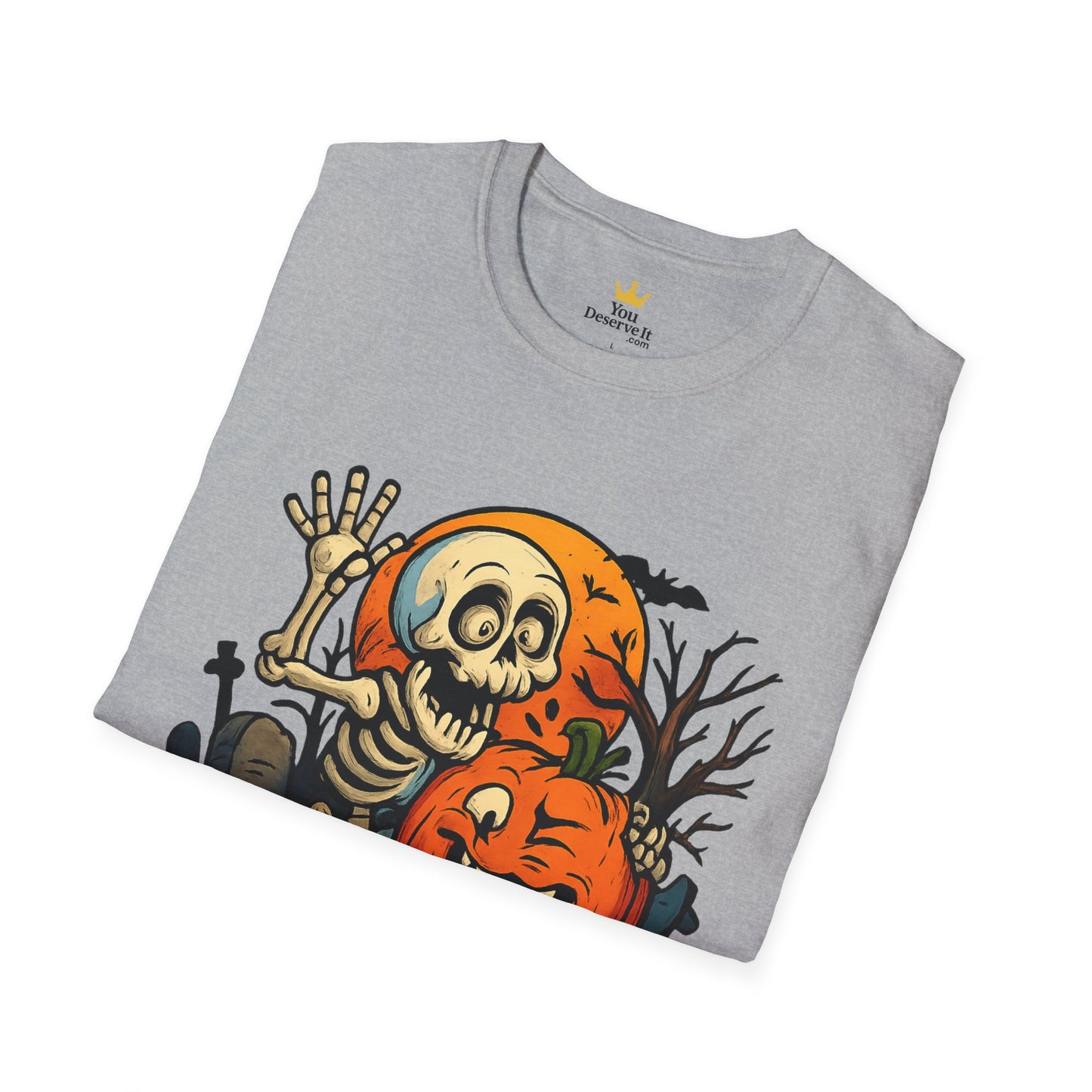 Funny Halloween Skeleton & Pumpkin T-Shirt – Cute Spooky Comic Design
