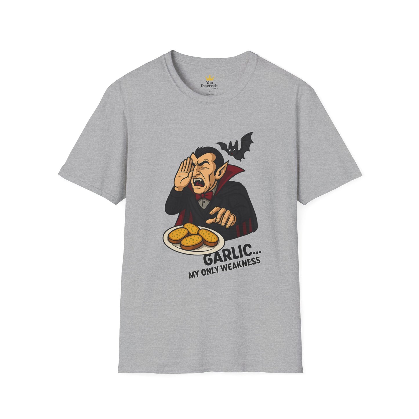 Garlic Weakness Vampire T-Shirt, Funny Halloween Humor Shirt, Unisex Graphic Tee, Spooky Gift Idea, Casual Party Wear