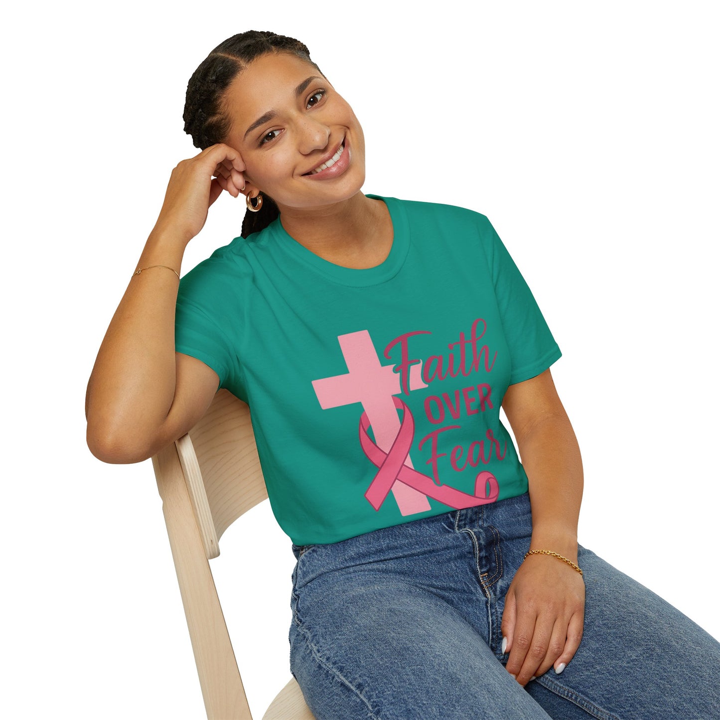 Faith Over Fear Shirt | Breast Cancer Awareness Christian Tee with Cross & Pink Ribbon