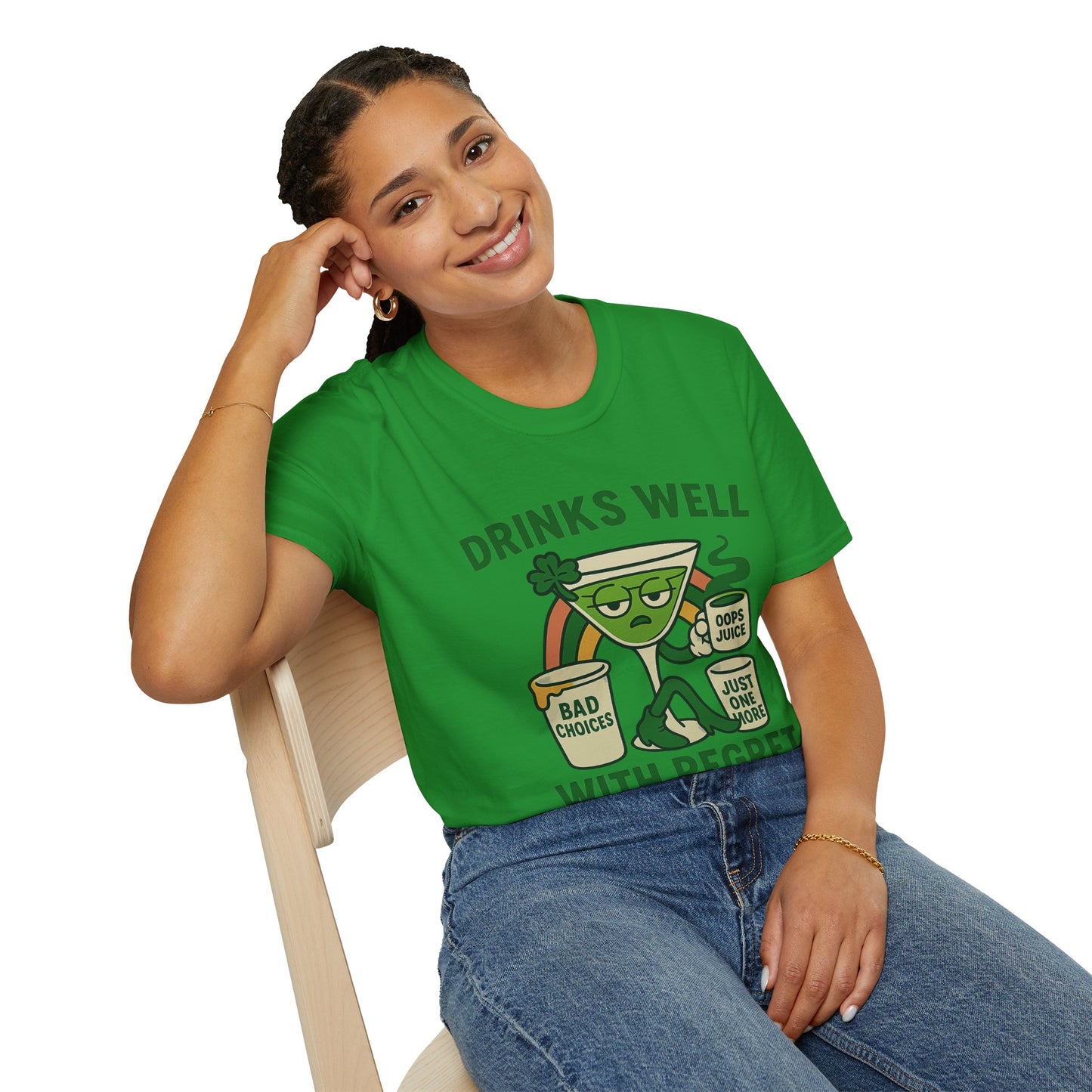 Drinks Well With Regret | Funny St. Patrick's Day Tee | Sarcastic Drinking Shirt, Bad Decisions Graphic T-Shirt for Party Lovers