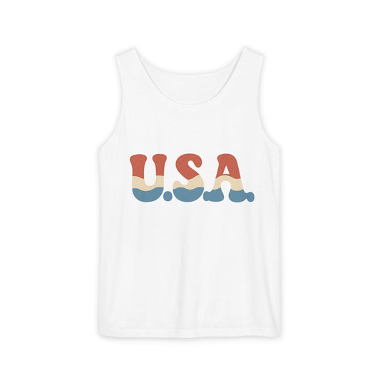 Retro USA Tank Top | Wavy Red White & Blue 70s Style Sleeveless