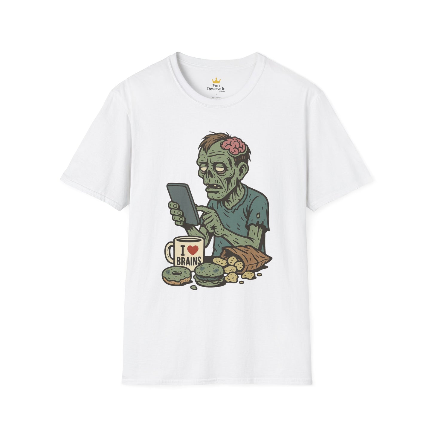 Zombie Social Media Addict – Funny Undead Coffee Mug & Snack Scene T-Shirt