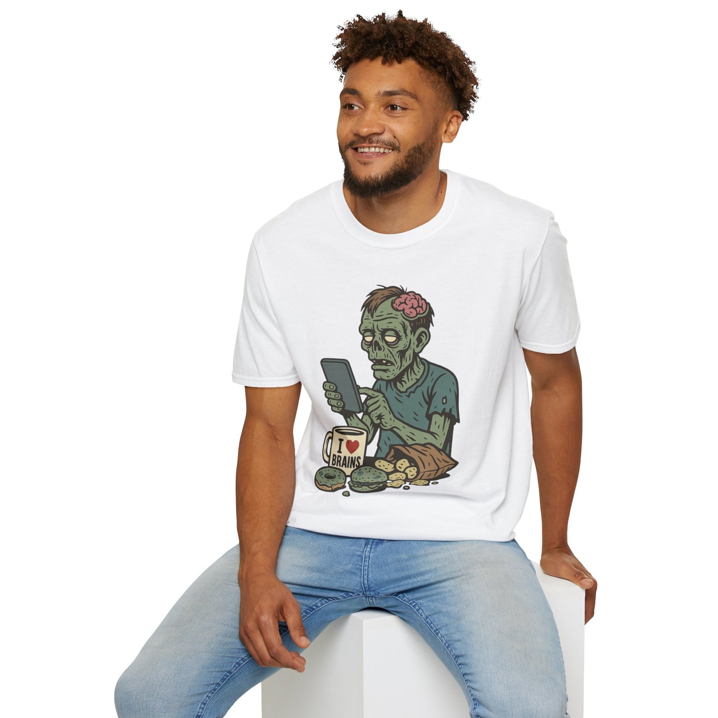 Zombie Social Media Addict – Funny Undead Coffee Mug & Snack Scene T-Shirt