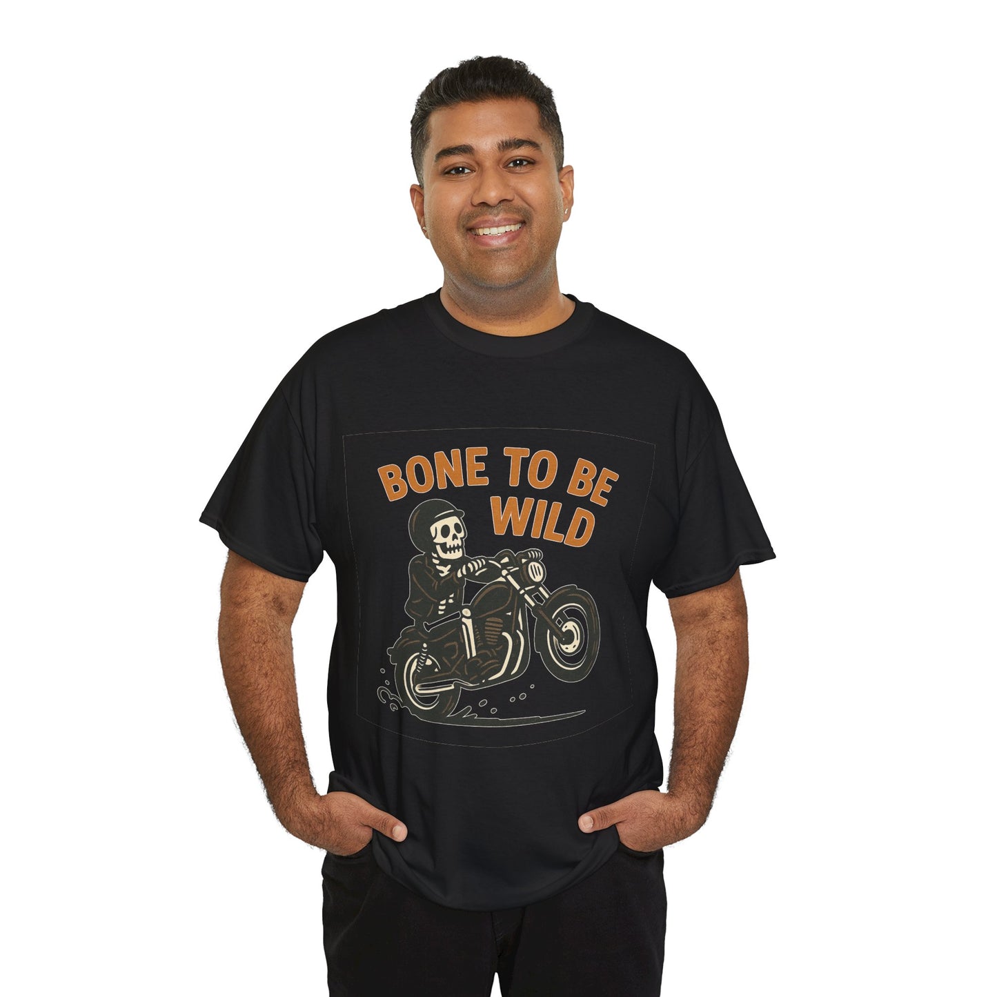 Motorcycle Tee, Bone to Be Wild Halloween Cool Bike Vibe Unisex Heavy Cotton