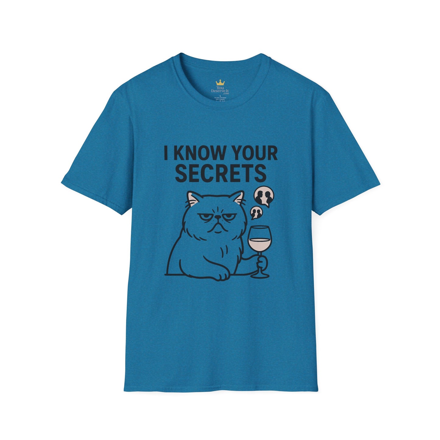 "I Know Your Secrets" Wine Cat T-Shirt, Humor Shirt, Gift for Cat Lovers, Cute Animal Tee, Unique Graphic T-Shirt