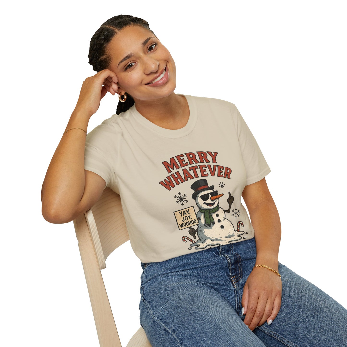 Merry Whatever Funny Snowman Shirt | Sarcastic Holiday Mood Tee | Melting Christmas Anti-Spirit Graphic T-Shirt