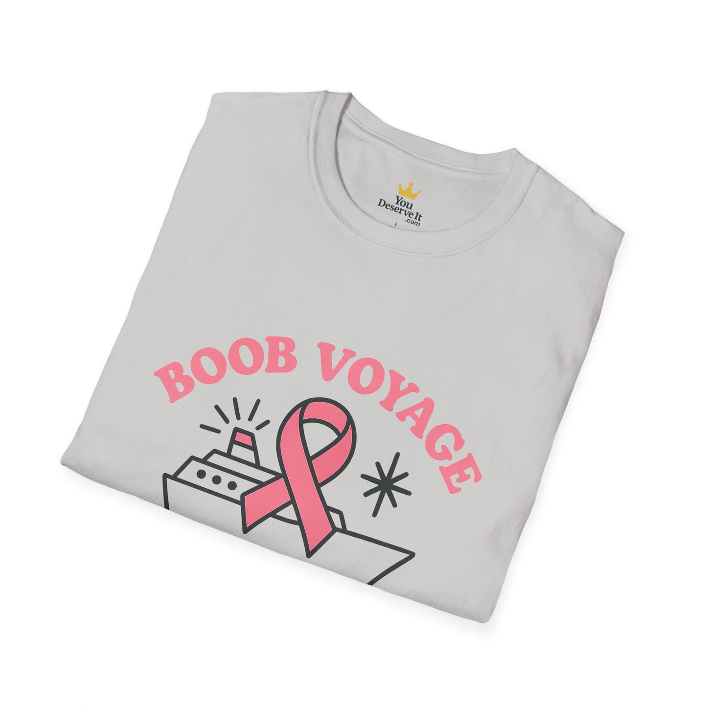 Boob Voyage T-Shirt | Funny Mastectomy Support Tee with Pink Ribbon and Cruise Ship