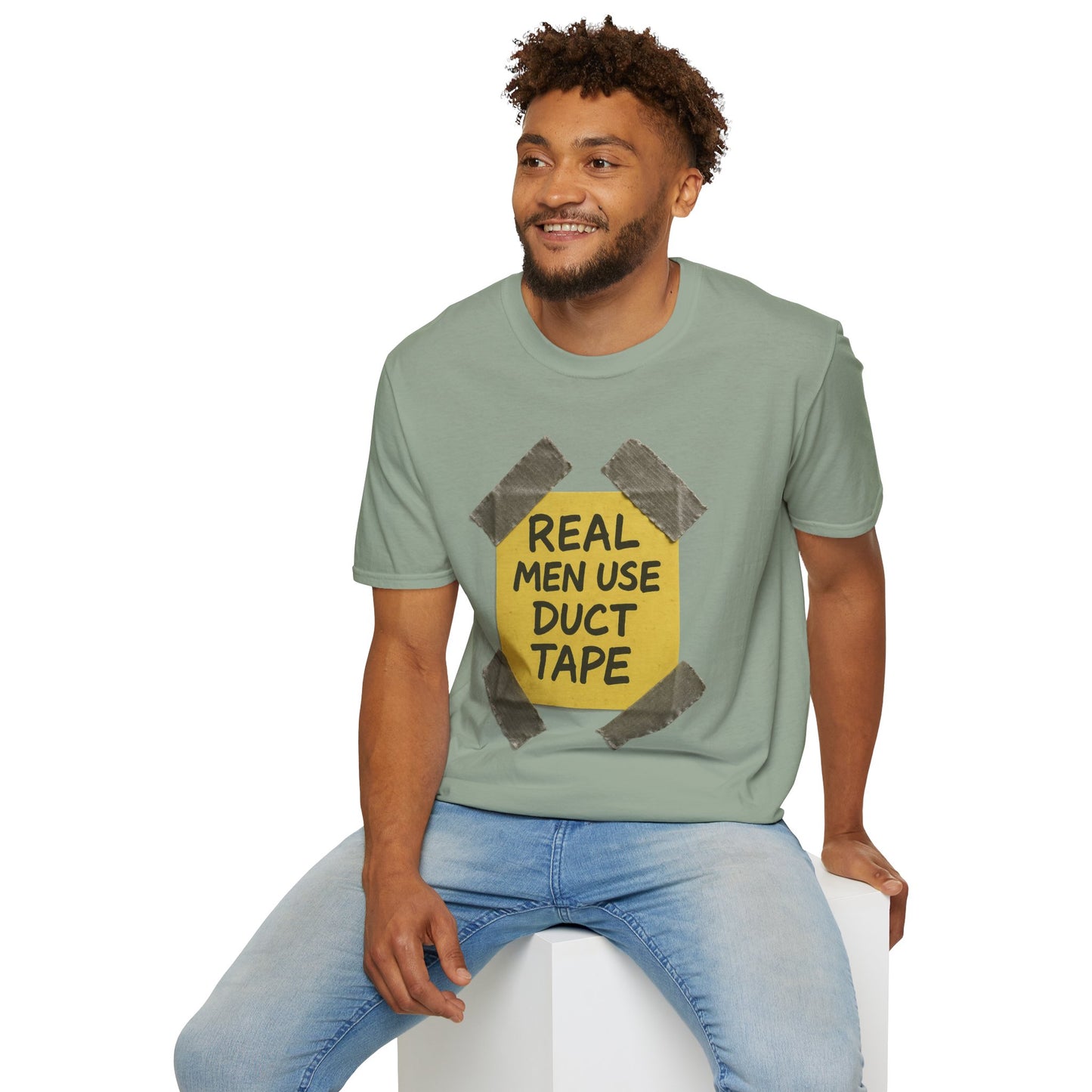 REAL MEN USE DUCT TAPE | Double-Sided '80s Fix-It T-Shirt | Bold DIY Humor Tee, Casual Wear, Handy Man Shirt, Great for Father's Day
