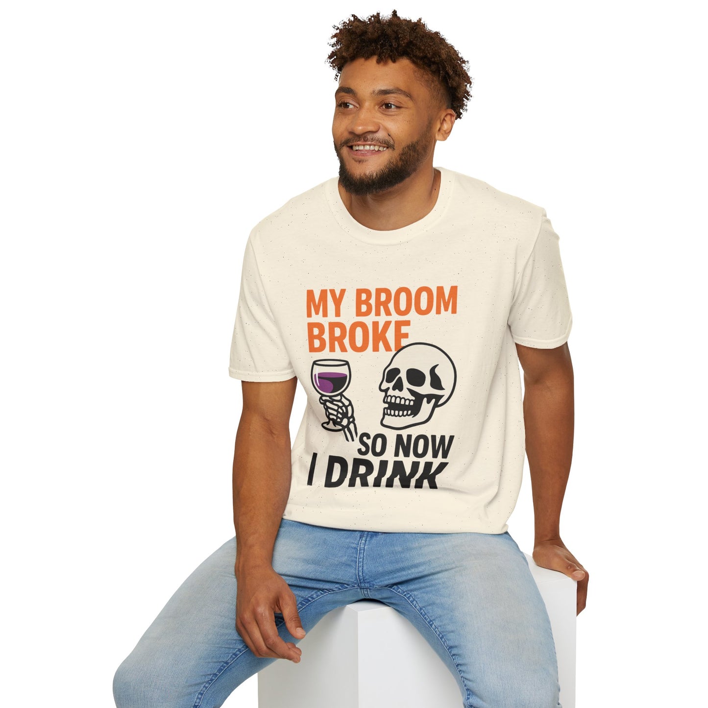 Funny Halloween Shirt – “My Broom Broke So Now I Drink” Sarcastic Graphic Tee