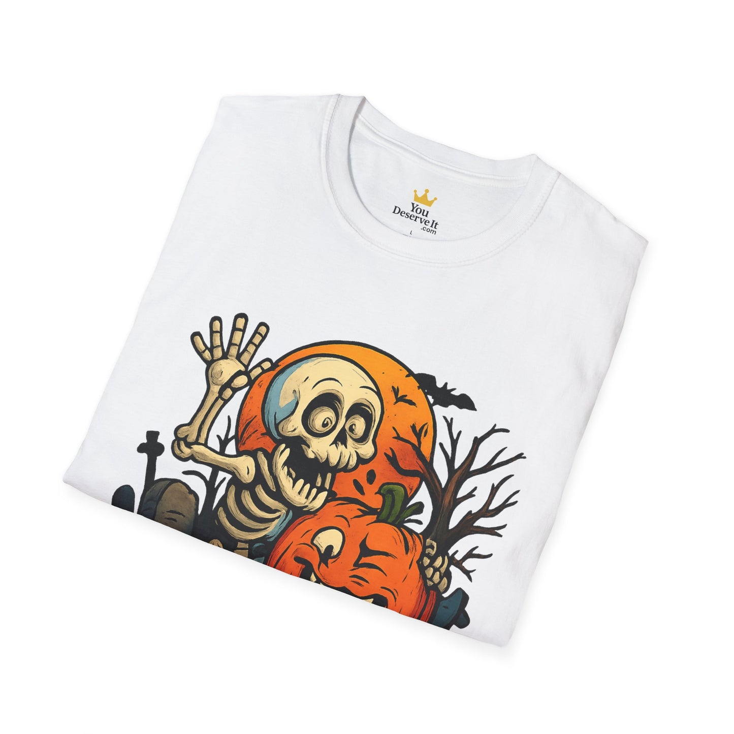 Funny Halloween Skeleton & Pumpkin T-Shirt – Cute Spooky Comic Design