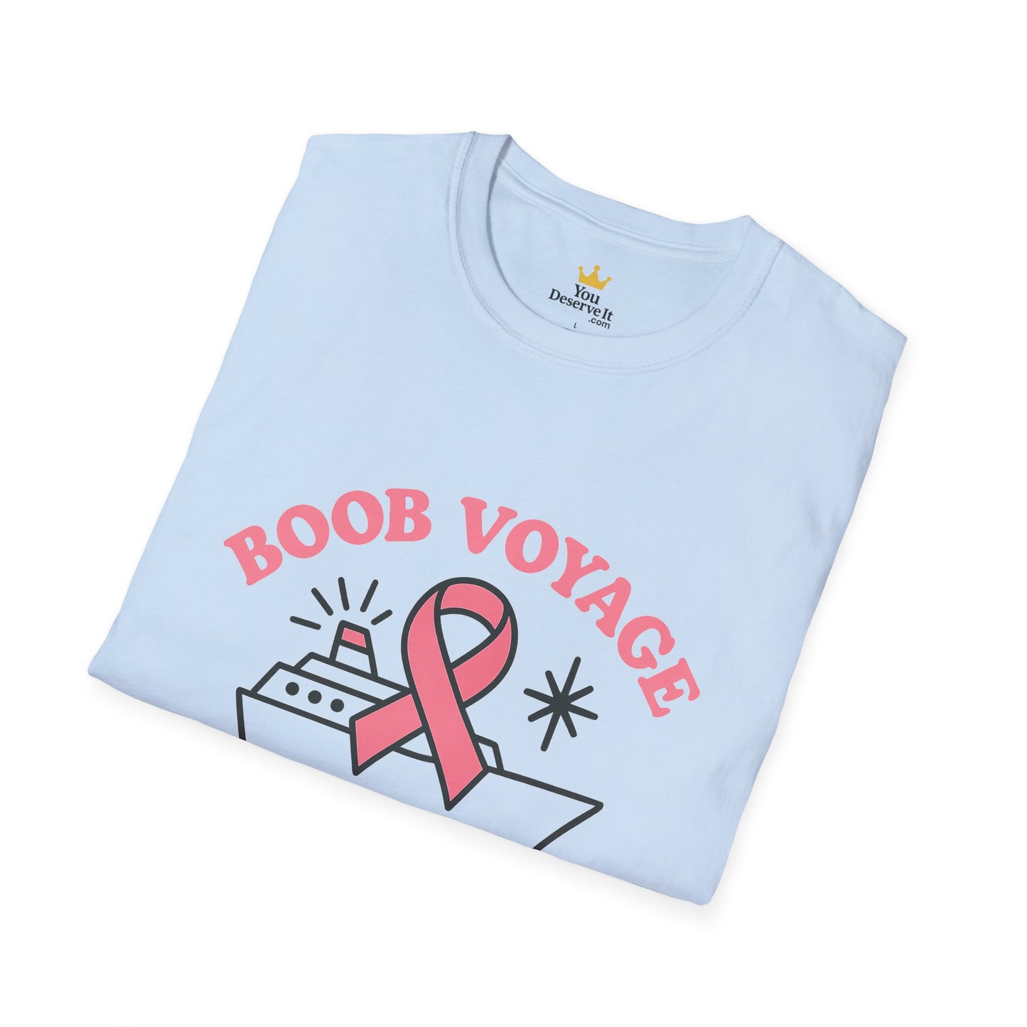 Boob Voyage T-Shirt | Funny Mastectomy Support Tee with Pink Ribbon and Cruise Ship