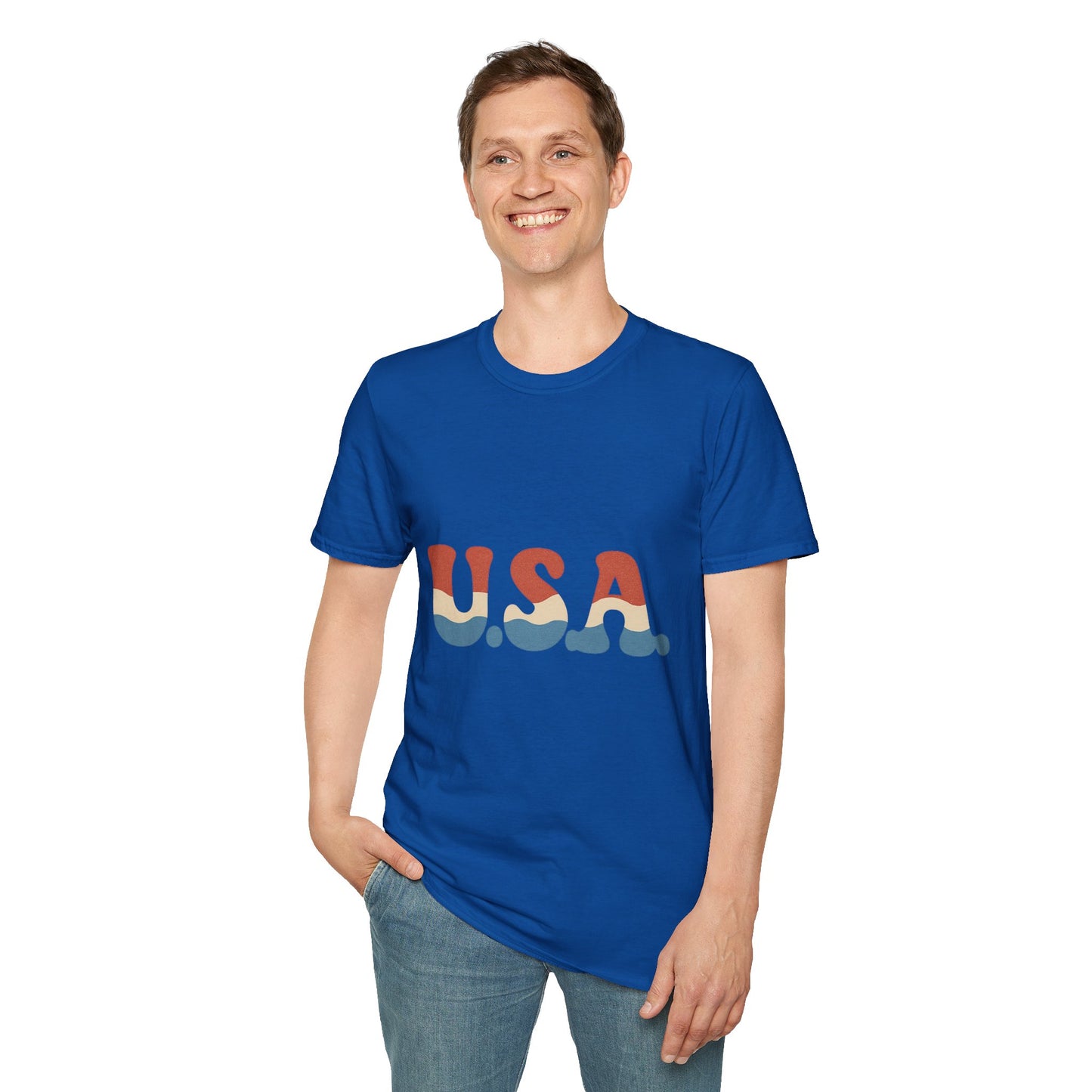 Retro USA T-Shirt | Wavy Red White & Blue 70s Style