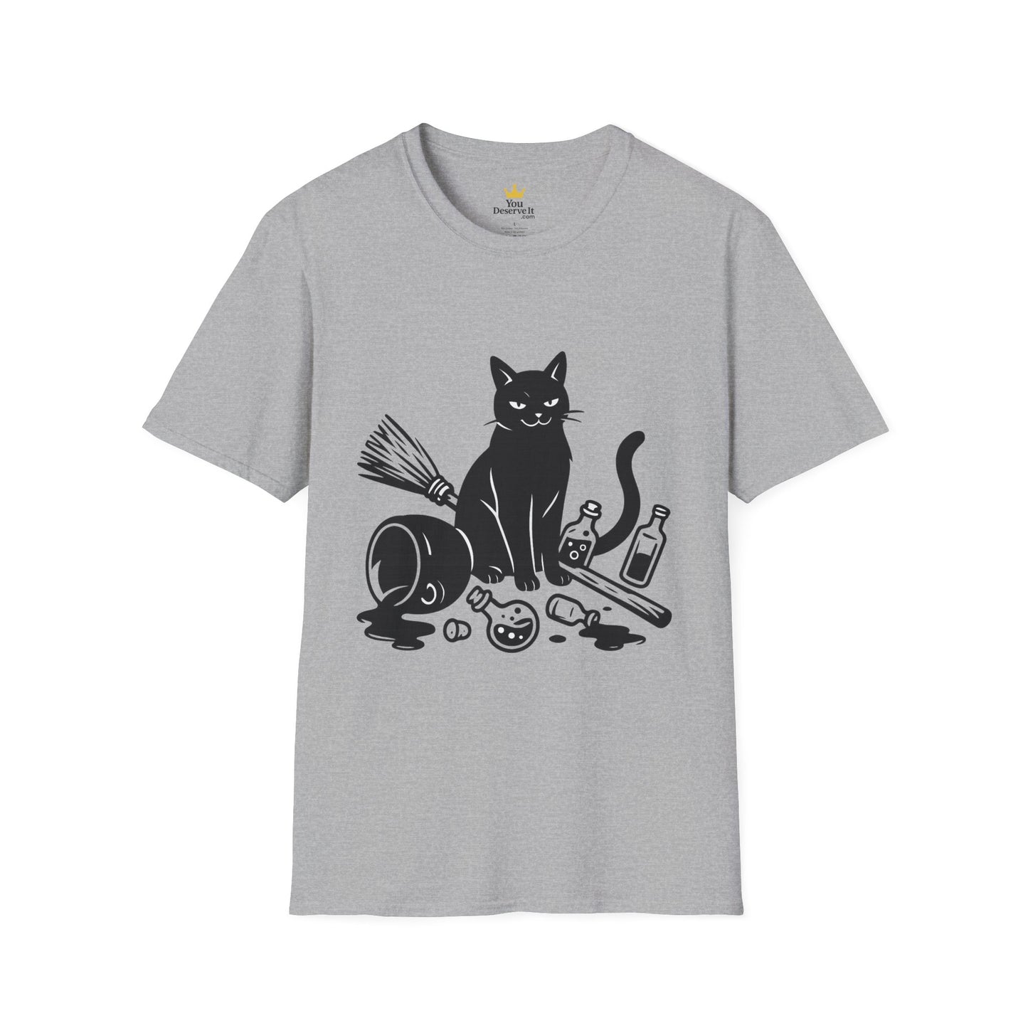 Black Cat Knocking Over Witch’s Essentials – Funny Halloween T-Shirt Design