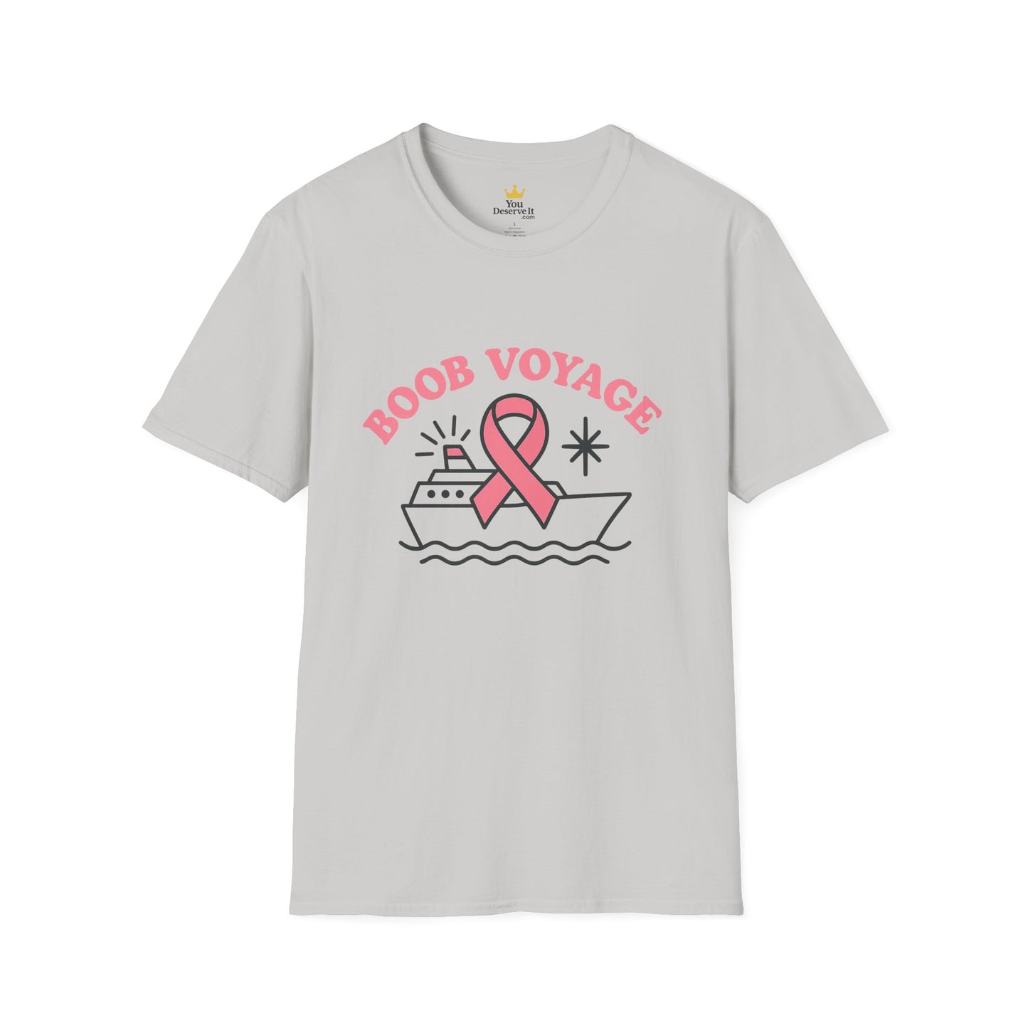 Boob Voyage T-Shirt | Funny Mastectomy Support Tee with Pink Ribbon and Cruise Ship