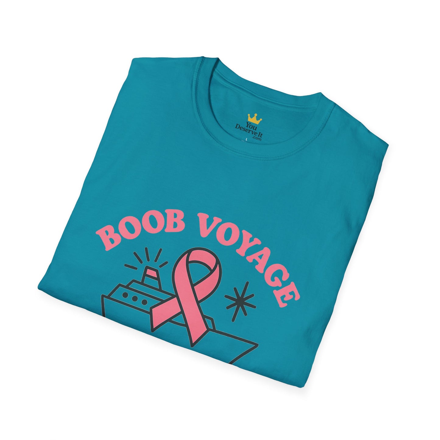 Boob Voyage T-Shirt | Funny Mastectomy Support Tee with Pink Ribbon and Cruise Ship