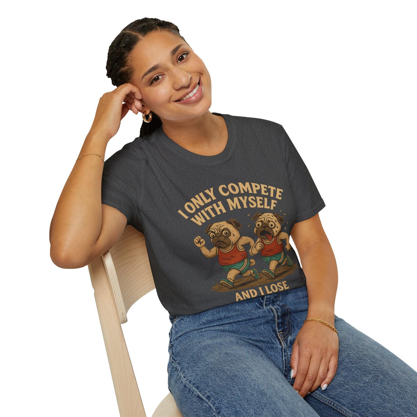 Funny Pug T-Shirt – “I Only Compete With Myself And I Lose Every Time” | Vintage Style Graphic Tee